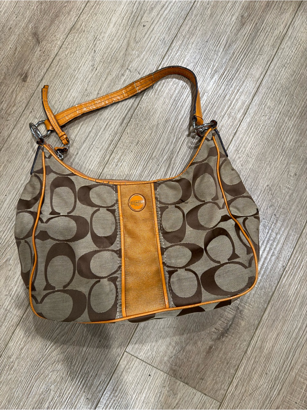 Coach Brown Signature Canvas Shoulder Bag with Orange Trim